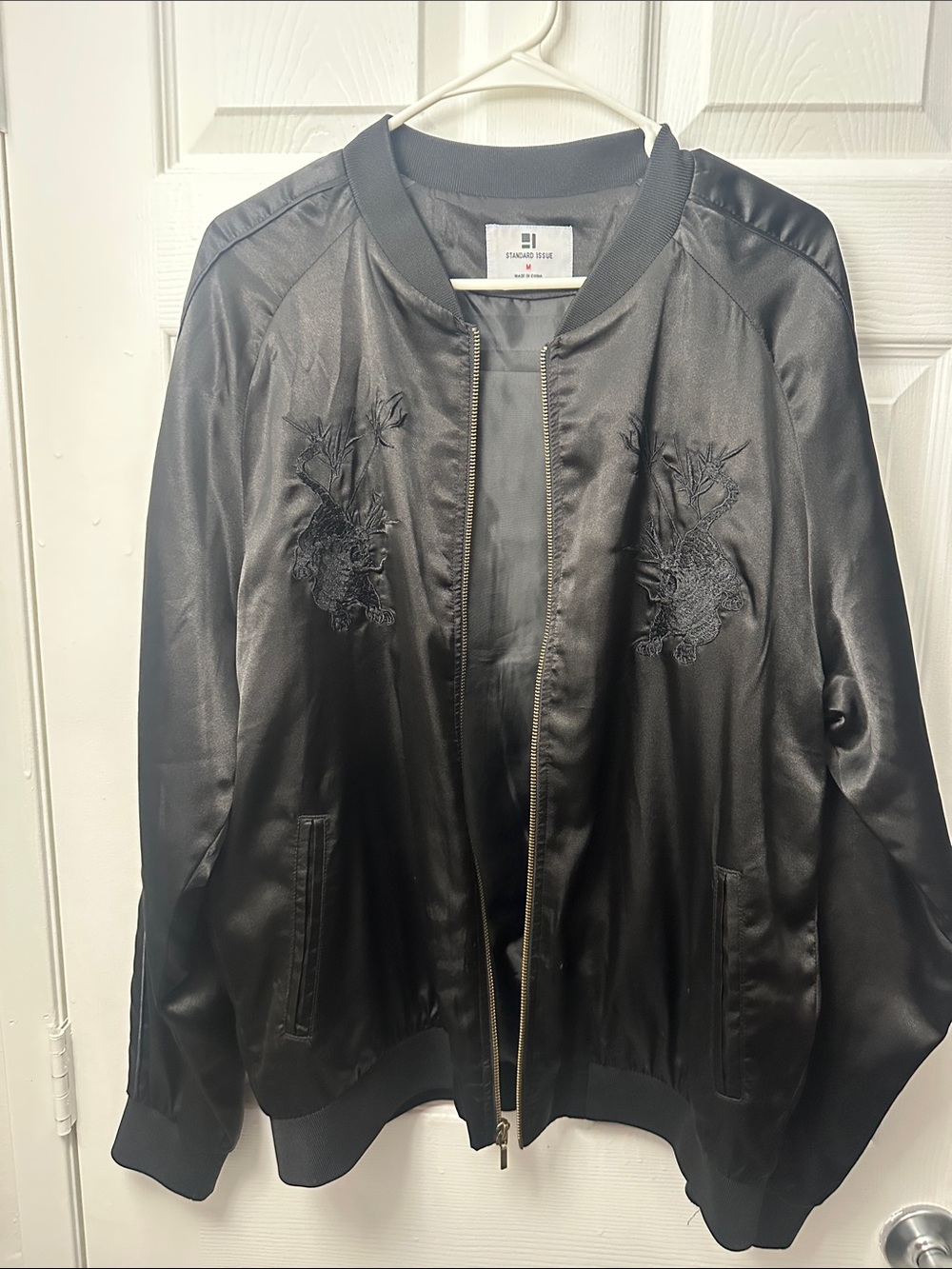 Standard Issue Black Satin Bomber Jacket with Tonal Embroidery